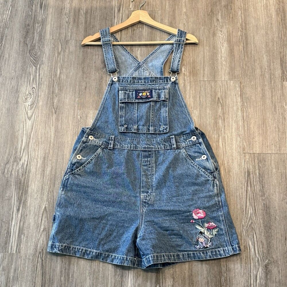 VTG Disney Winnie the Pooh Shortalls 90s L Eyeore Embroidered Denim Overalls